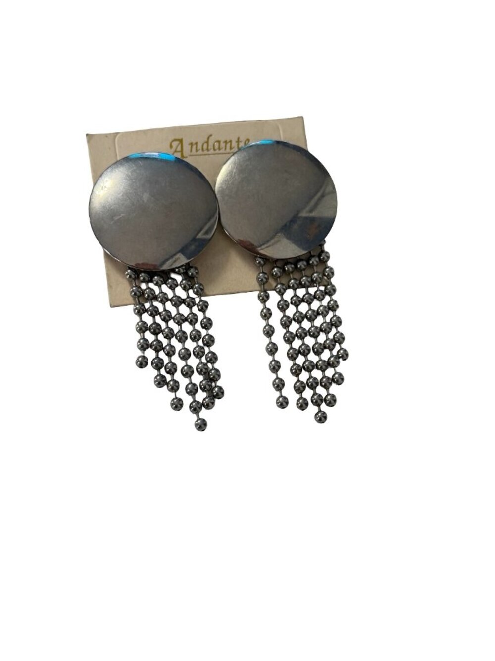 Vintage Andante Silver Tone Disc Fringe Earrings 1980s 1990s Original Card